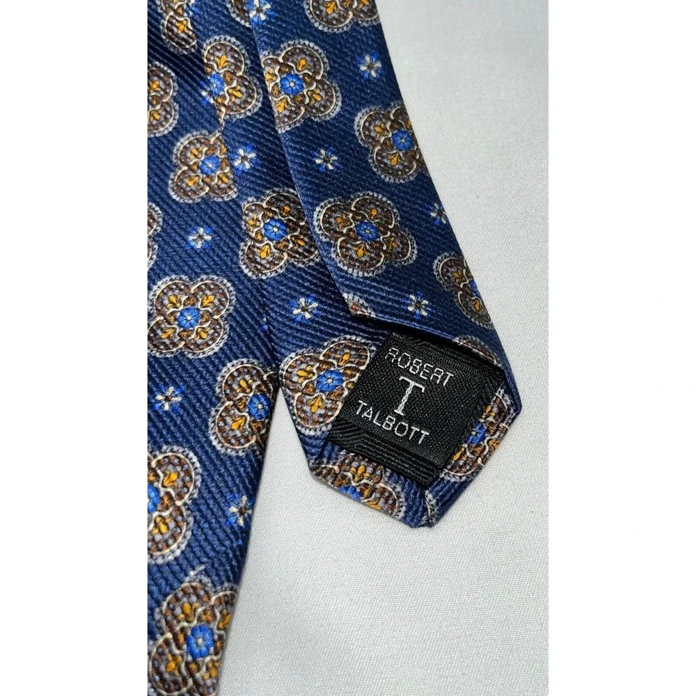 Robert Talbott Necktie Carmel Hand Sewn‎ Blue Geometric Floral Silk Tie
